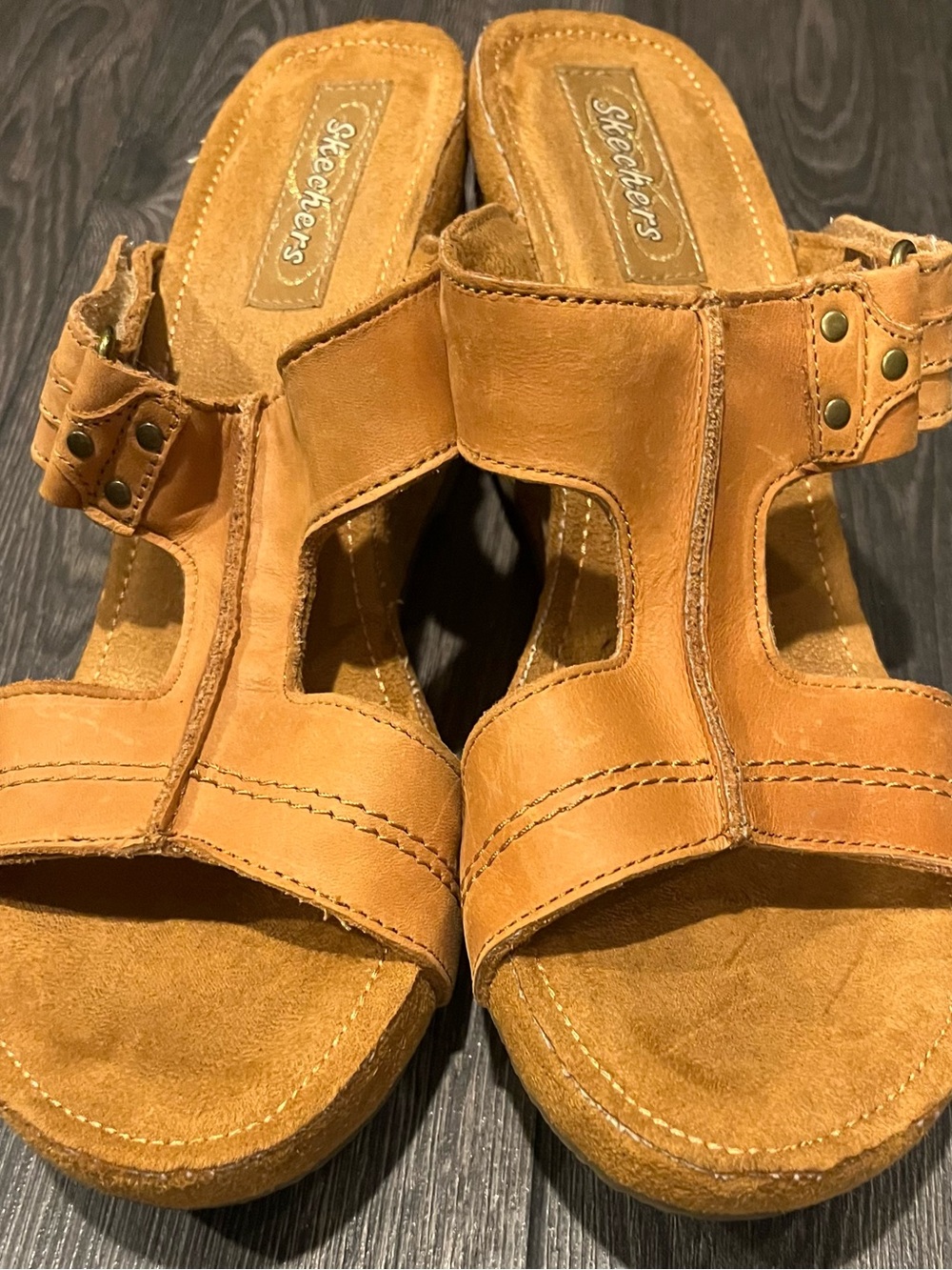 SKECHER’s Women's Tan Leather Sz 9 Buckle Slide Clogs ORIG $98+! COMFY & LUX!